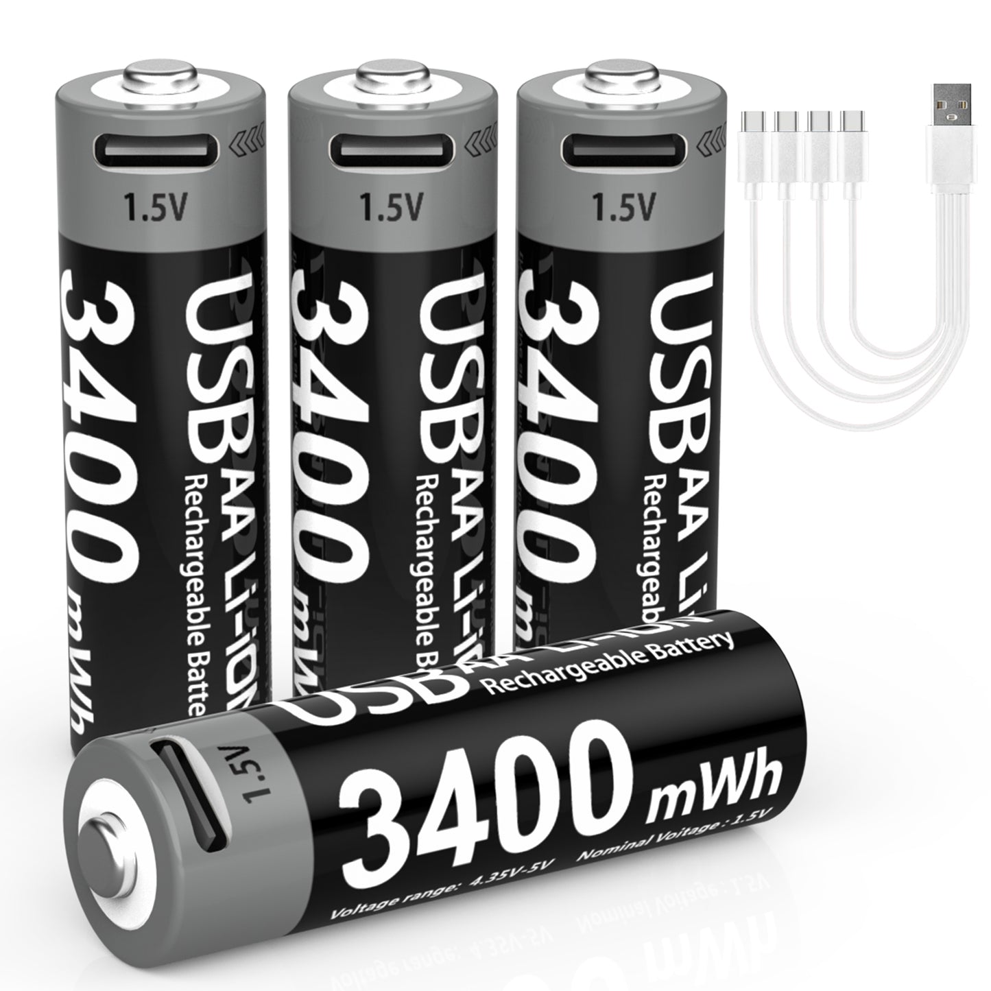 USB AA Rechargeable Battery 1.5V 3400 mWh