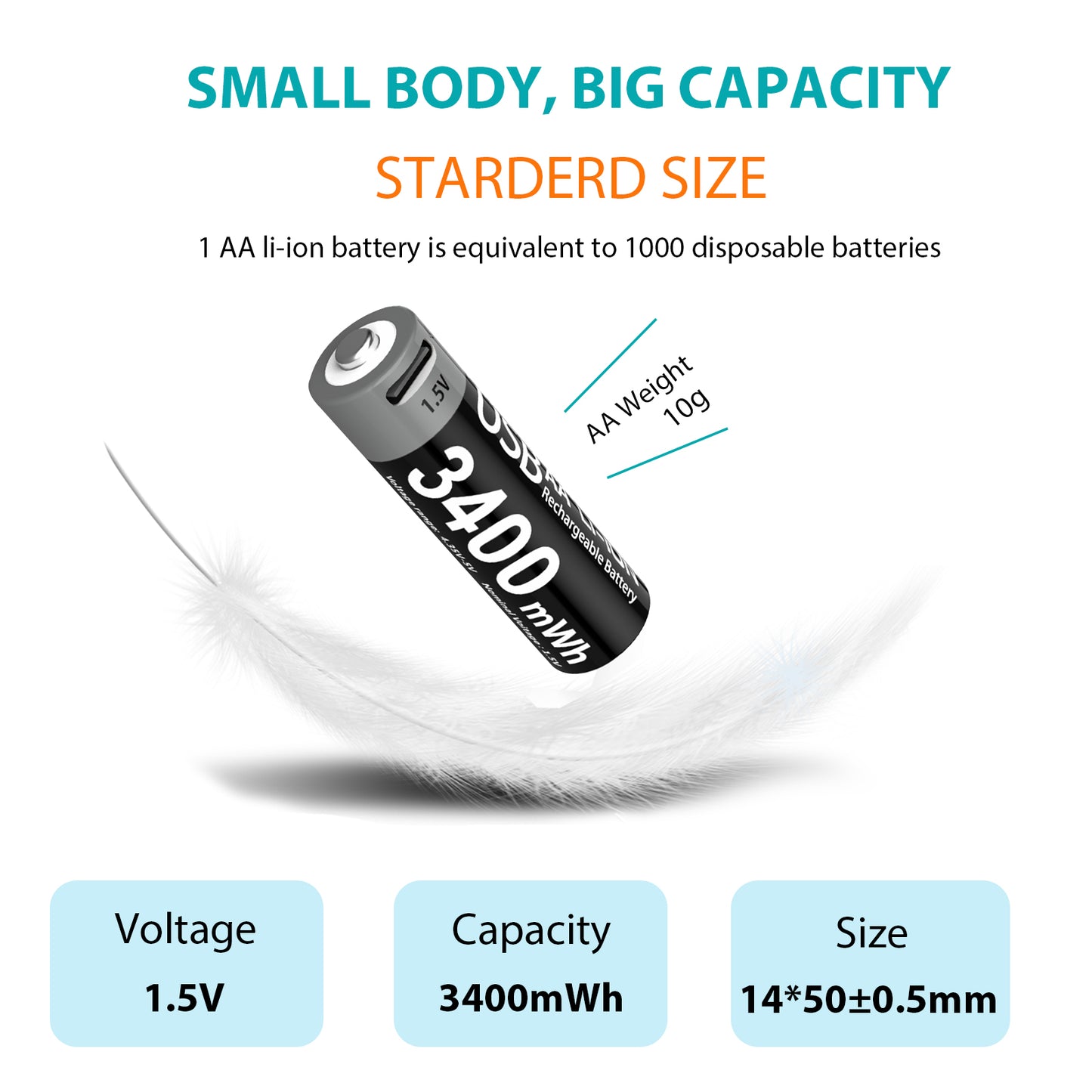 USB AA Rechargeable Battery 1.5V 3400 mWh